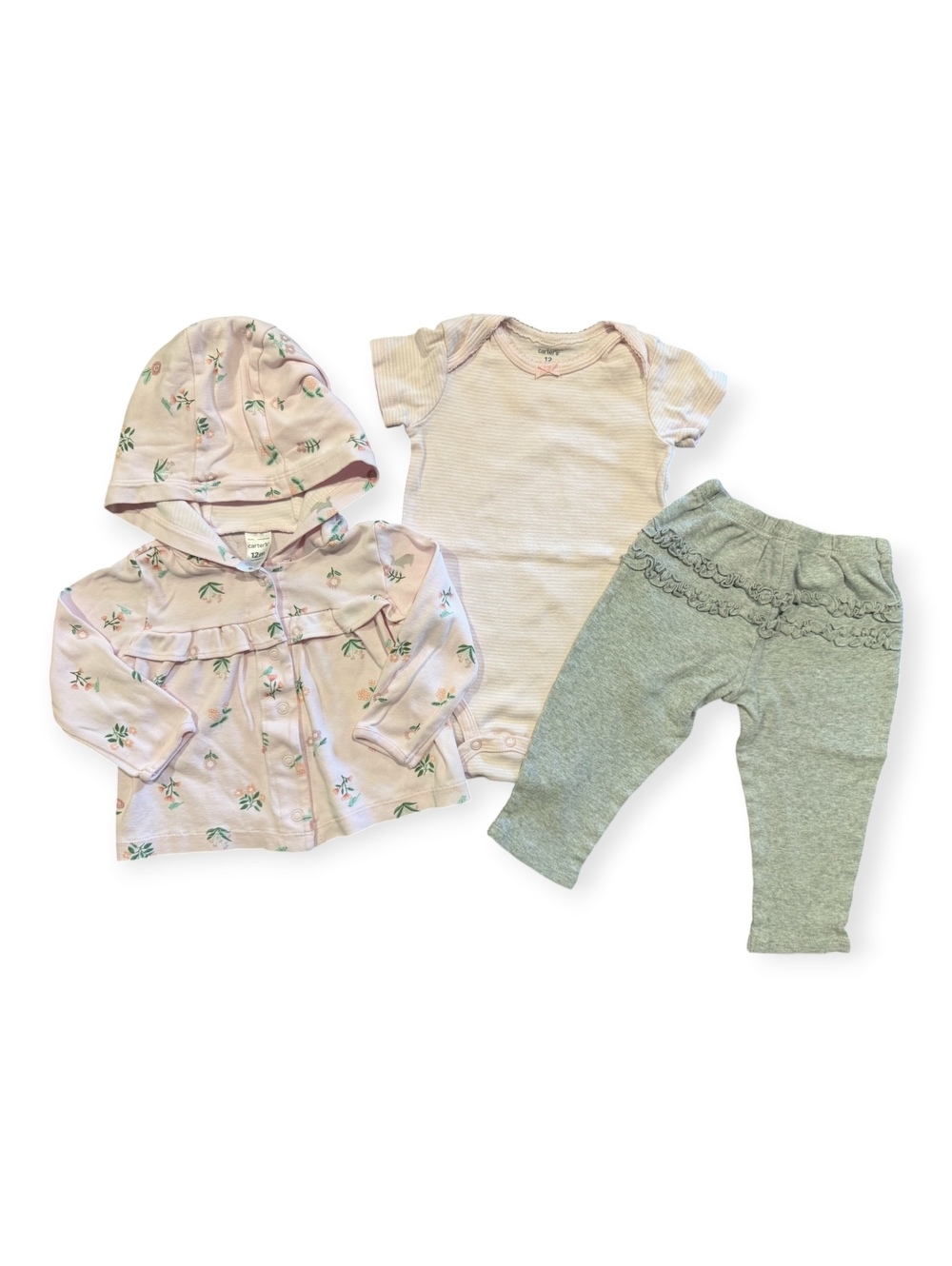 Carter's Baby Girl 3-Piece Outfit Set - Pink Floral Hoodie - Size 12 Months
